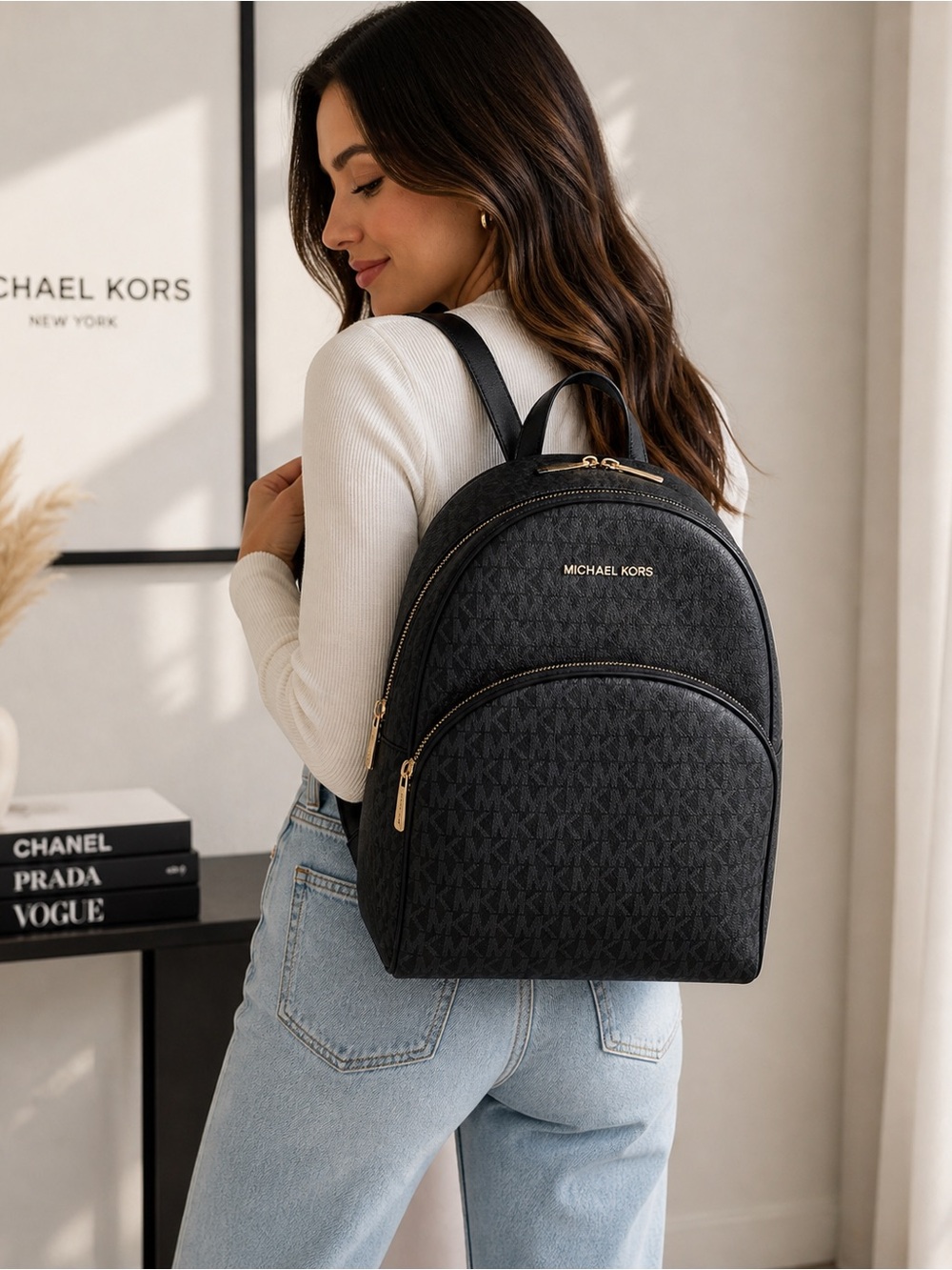Michael Kors Black Signature MK Logo Backpack with Gold Hardware